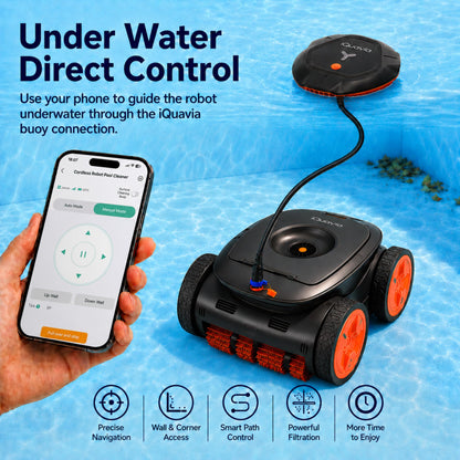 iQuavia Cordless Robotic Pool Cleaner with Signal Buoy, Underwater Direct Control, App & Remote Control Pool Cleaner Robot, Pool Vacuum Robot for Inground and Above Ground Pools, Floor Wall Waterline
