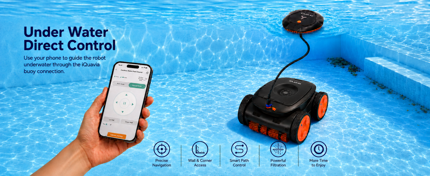 iQuavia Cordless Robotic Pool Cleaner with Signal Buoy, Underwater Direct Control, App & Remote Control Pool Cleaner Robot, Pool Vacuum Robot for Inground and Above Ground Pools, Floor Wall Waterline